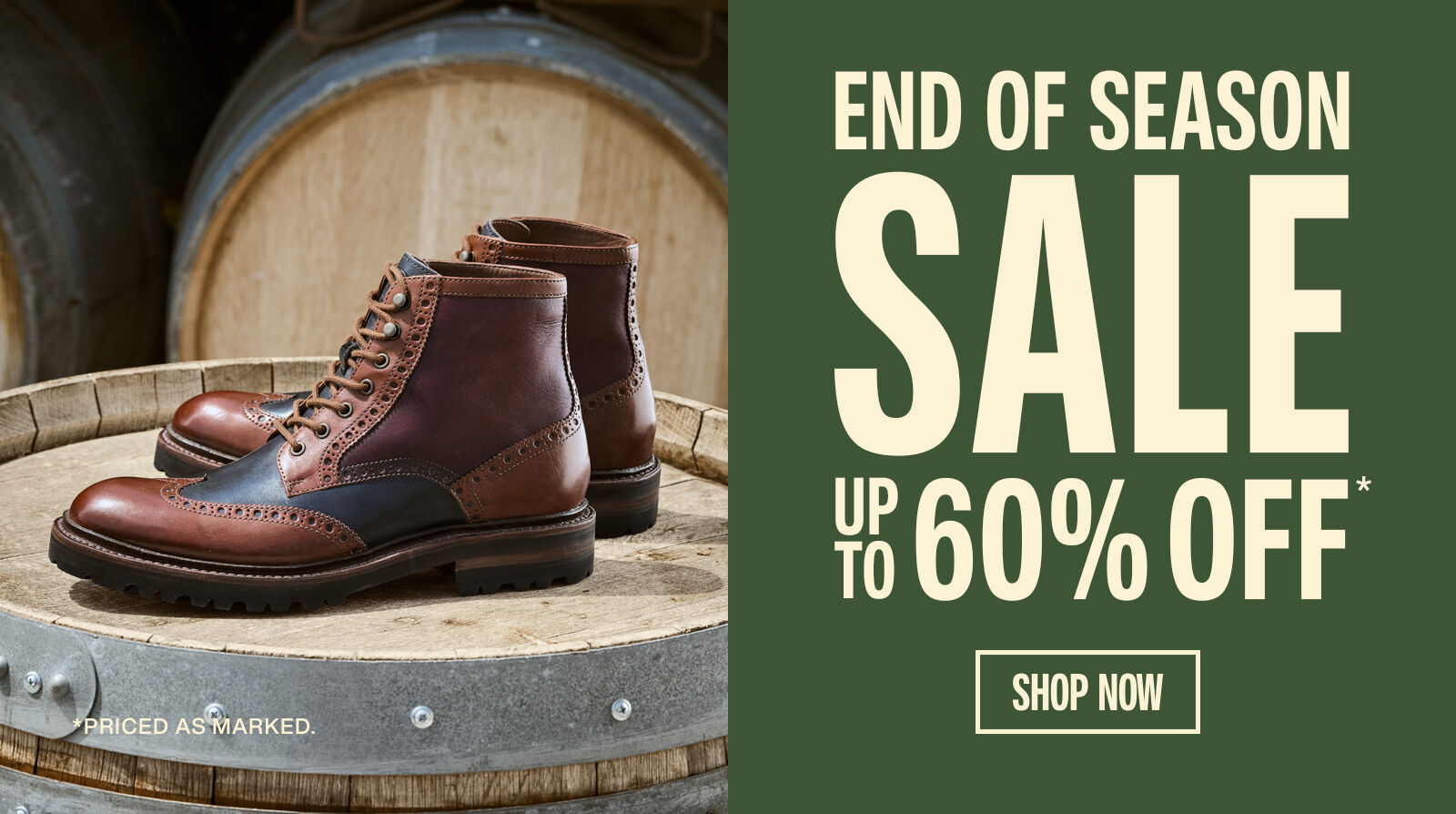 Banner of Men's boots with End of Season Sale messaging.